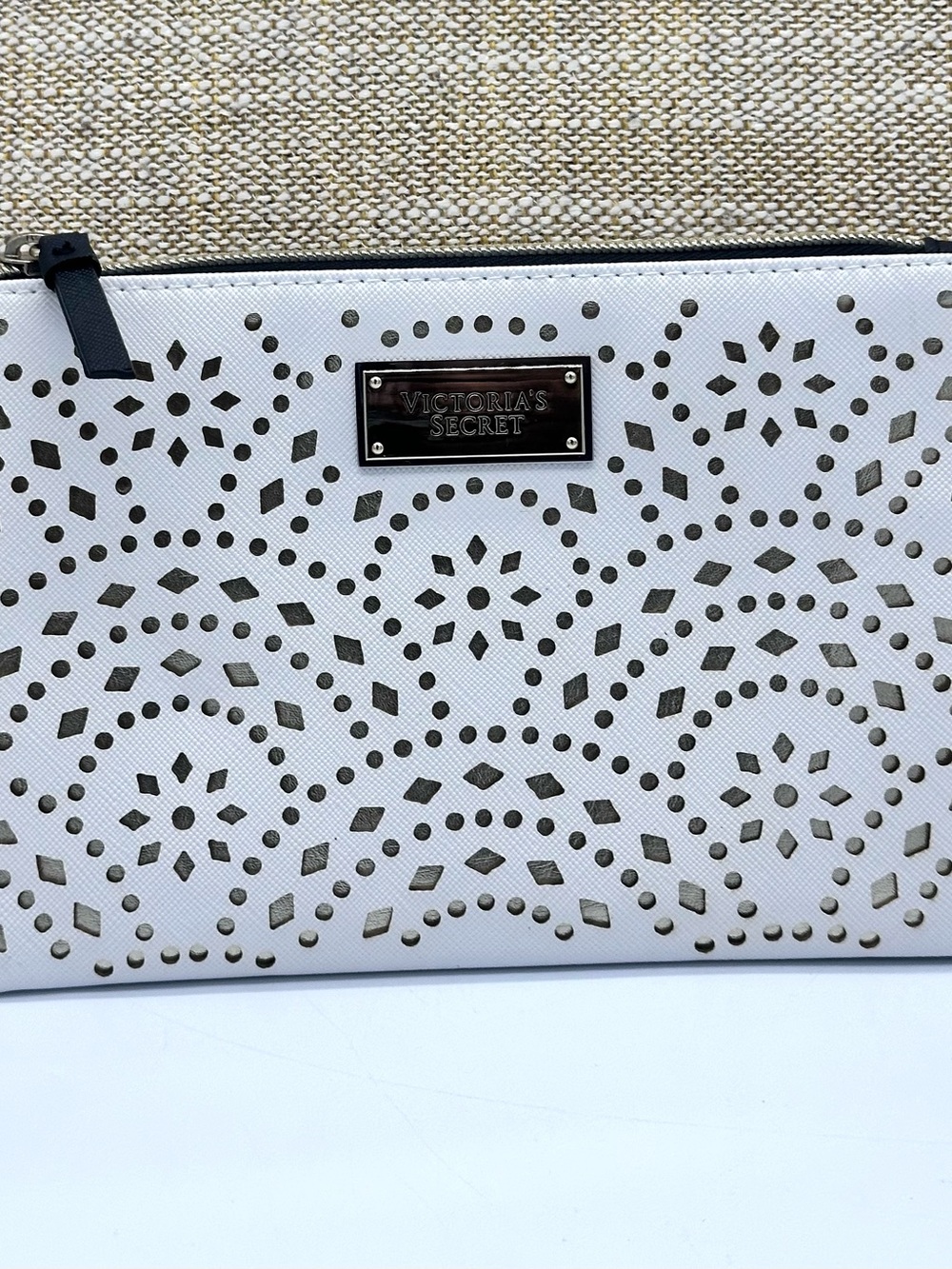 Victoria's Secret White Laser Cut Geometric Pouch Clutch Cosmetic Makeup Bag